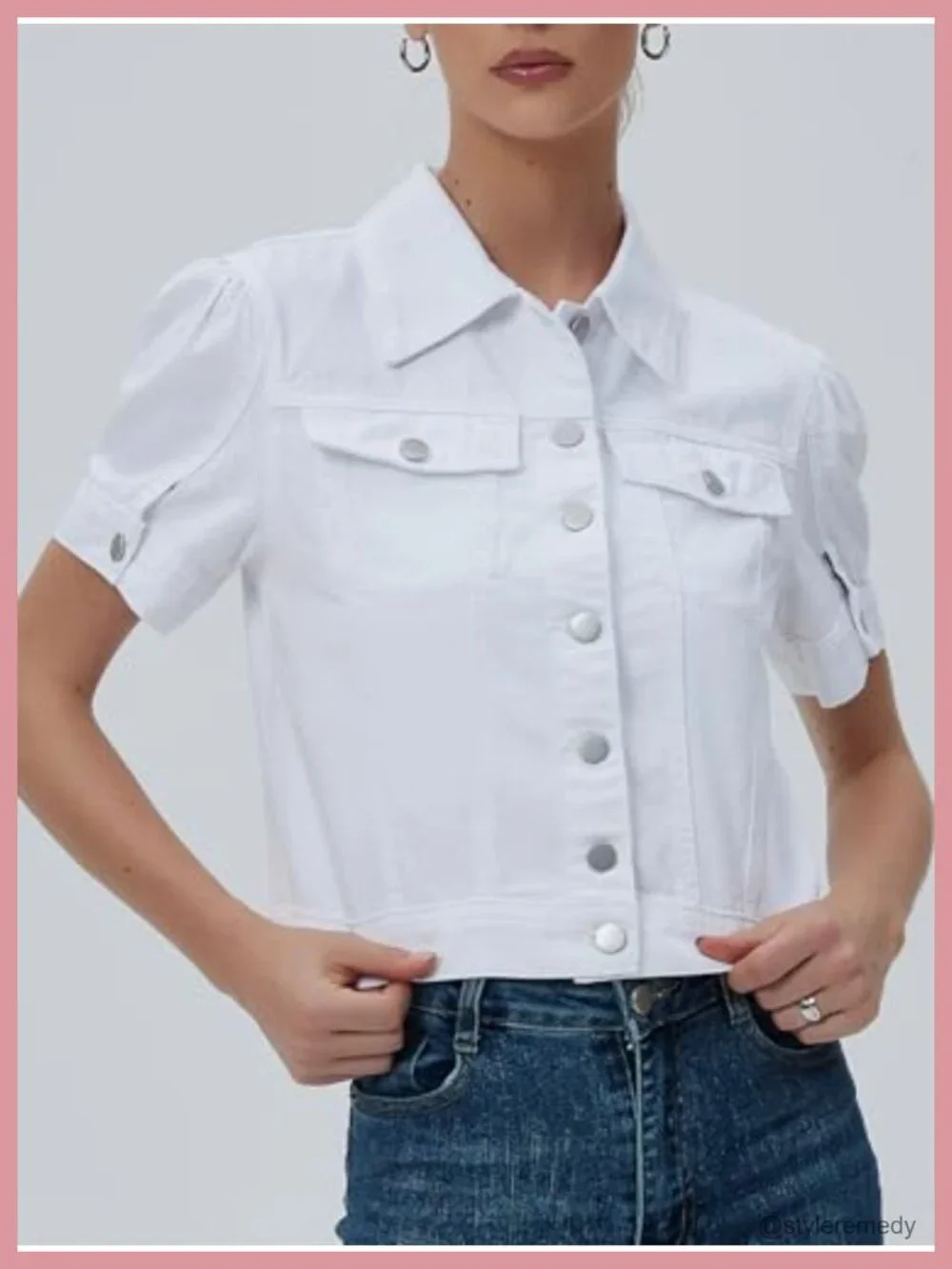 Cropped Denim Jacket Women Puff Short Sleeve Trucker Coat Slim Fit Summer